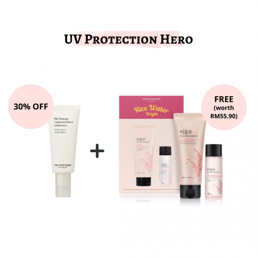 UV Protection Hero: The Therapy Vegan Moisturizing Sun Serum Free Rice Water Bright Cleansing 2pcs Set
